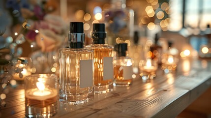 An elegant display of various perfume bottles with a warm bokeh light background creating a luxurious and inviting atmosphere
