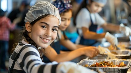 Children volunteering at a soup kitchen serving meals to homeless individuals and families in need