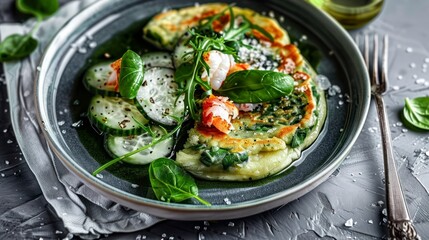 The Fresh Fusion of Spinach Pancakes Served with Crisp Cucumbers and Tender Crab