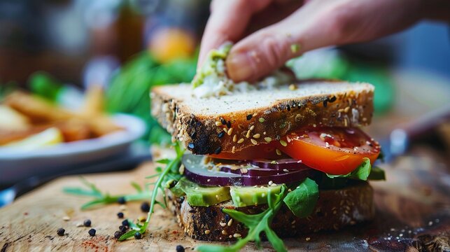 Close-Up of Woman's Hand Enjoying Vegetarian Sandwich with Avocado Spread