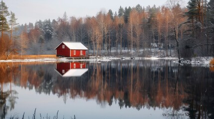 A Lone Red Cabin's Reflection Amidst the Serenity of a Forested Lake