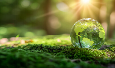 Obraz na płótnie Canvas Glass crystal ball globe of planet earth lies on green grass in sunny forest, concept for eco, nature, environment, environmental protection and conservation concept