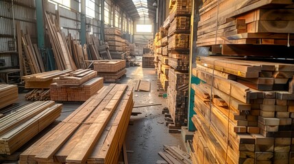 Stacked Pine Timber and Its Impact on Furniture Production and Industrial Woodworking - obrazy, fototapety, plakaty