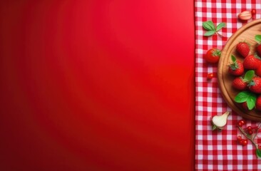 Wooden table, red tablecloth. Top view. Empty place to install the product, text space, berries in a plate, delicious strawberries