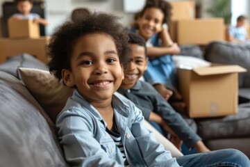 photo of a family sitting on a couch with moving boxes all around them, 2 young kids 