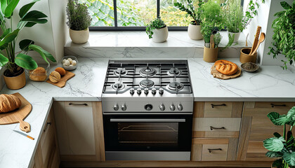 Close up shot of domestic kitchen stove top in white modern kitchen. Gas cooker of propane gas. Gas supply chain and news. Global gas crisis and price. Air pollution. Environmental threat