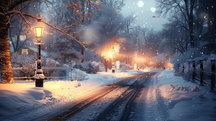 The Gentle Light of a Street Lamp Shining Over a Snowy Winter Road