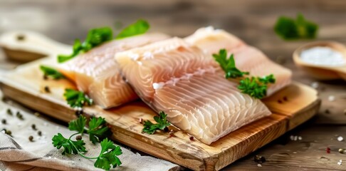 The Freshness of a Raw Fish Fillet Adorned with Parsley on a Rustic Cutting Board