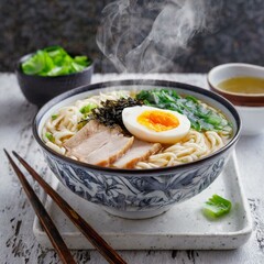 A steaming bowl of ramen noodles, topped with slices of tender pork, soft-boiled egg, and nori