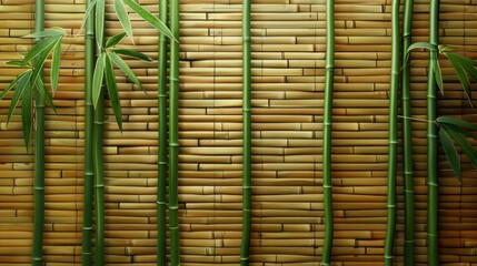 A Fresh Display of Green Bamboo in Front of a Textured Bamboo Wall