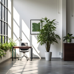 Clean Modern Office Empty with Indoor Plant Generative AI
