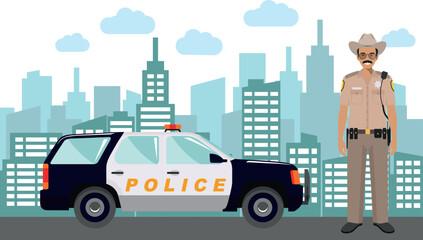 Young Cute Smiling Standing Policeman Sheriff Officer in Uniform with Police Car and Modern Cityscape in Flat Style. Vector Illustration