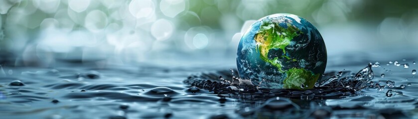Green globe wrapped in blue water waves, symbol of environmental responsibility and global care - obrazy, fototapety, plakaty