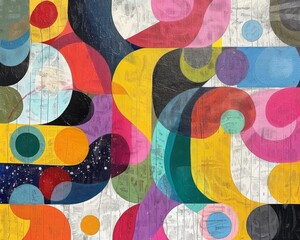 60s-style abstract painting with health and wellness symbols intertwined
