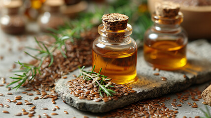 Essential oils in small bottles with rosemary sprigs and flax seeds on a rustic wooden surface.