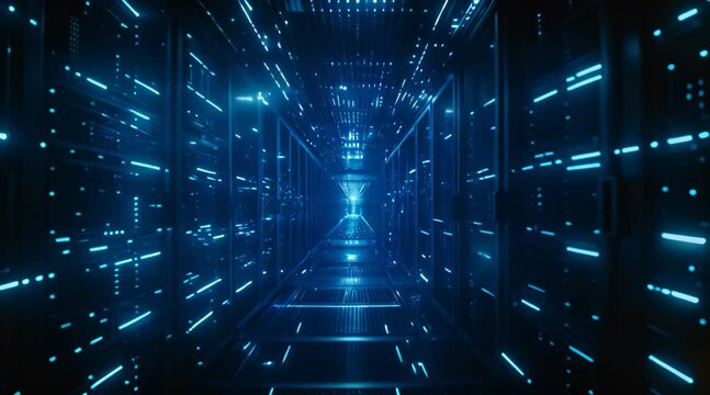 Dark spacious interconnected servers room blue neon light