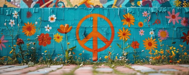 1960s peace rally, community united for life and care, vibrant posters and flowers - obrazy, fototapety, plakaty