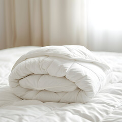 Fototapeta na wymiar White folded duvet lying on white bed background. Preparing for winter season, household, domestic activities, hotel or home textile.