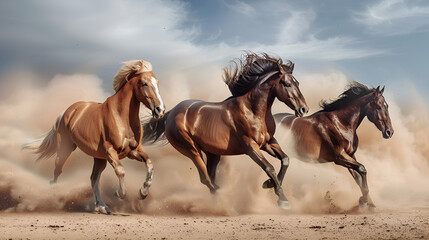 Majestic Horses with Long Mane: Stunning Portrait of Equine Beauty Running and Galloping in Desert Landscape, Graceful Stallions in Motion, Wild Horse Photography, Generative Ai

