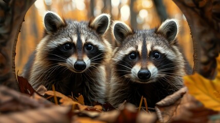 Laughter Among Leaves - The Playful Presence of Raccoons Adding Humor to the Autumn Forest