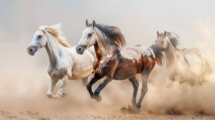 Majestic Horses with Long Mane: Stunning Portrait of Equine Beauty Running and Galloping in Desert Landscape, Graceful Stallions in Motion, Wild Horse Photography, Generative Ai

