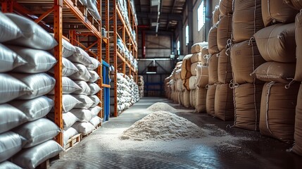 Well-Organized Realm of Sugar Storage Bags in a Fully Stocked Warehouse