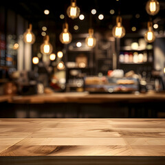 Wood table top on blurred of counter cafe shop with light bulb background. For montage product display or design key visual.