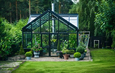 Elegant Garden Greenhouse in Lush Backyard. Generative ai