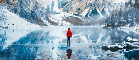 Impressive Winter Lake Landscape: Tranquil Reflections of Snowy Mountains with Backpacker Traveller