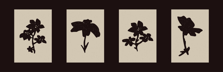 Pressed floral folkart vector motif set. Collection of stylized organic block print wildflower shape with woodcut paper texture effect. 