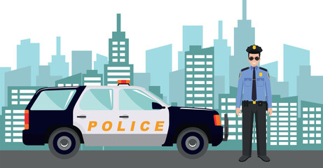 Young Cute Smiling Standing Policeman Officer in Uniform with Police Car and Modern Cityscape in Flat Style. Vector Illustration