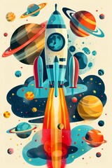 Retro-Futuristic Space Rocket Launch Illustration. Generative ai