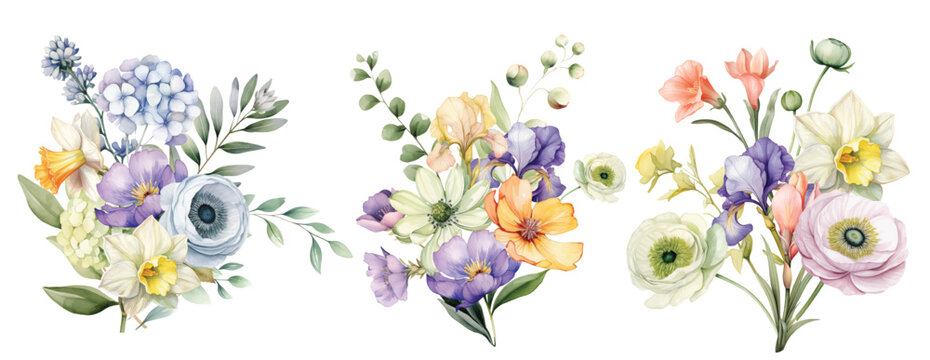 Watercolor flowers bouquet with colorful leaves branches wildflowers illustration elements