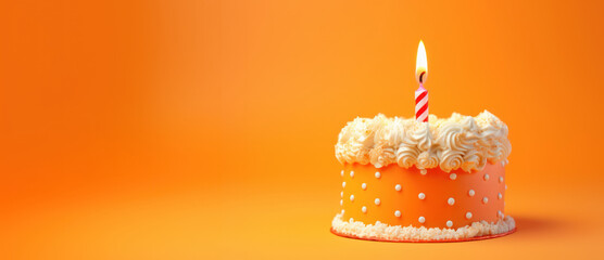 An orange first birthday cupcake with white icing, one candle, clean orange gradient background suitable for a header with room for text, copy space.