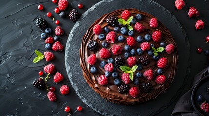 A Top-View Showcase of a Chocolate Cake Adorned with Berries on a Black Background