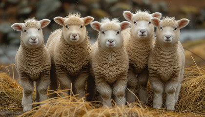 Obraz premium A group of baby sheeps grazing on forest farm, wood house on background. Ecology, eco meat