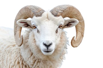 Portrait of a majestic ram with large horns isolated on white background