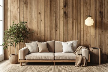 Modern laconic minimalist living room interior in neutral beige colors, with a cozy light sofa, pillows and wooden empty walls with copyspace - obrazy, fototapety, plakaty