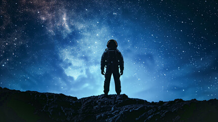 Silhouette of an astronaut standing on the edge against starry sky with Milky Way and galaxies, blue color background,  astronaut man space exploration concept - obrazy, fototapety, plakaty