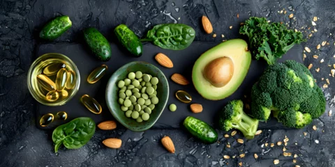 Fotobehang Food background set of food on an old black background the concept of healthy eating ,Green vegetables fruits and nuts avocado broccoli pistachios parsley celery cucumber and kiwi top view rustic sty  © muhammad