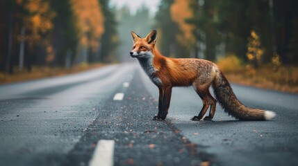 Naklejka premium Fox standing on the road near forest. Road hazards, wildlife and transport.