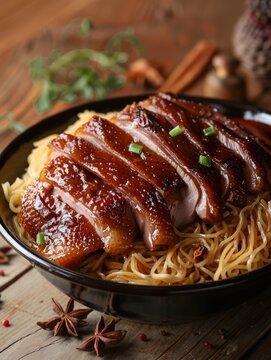 Delicious barbecued duck on noodles in bowl