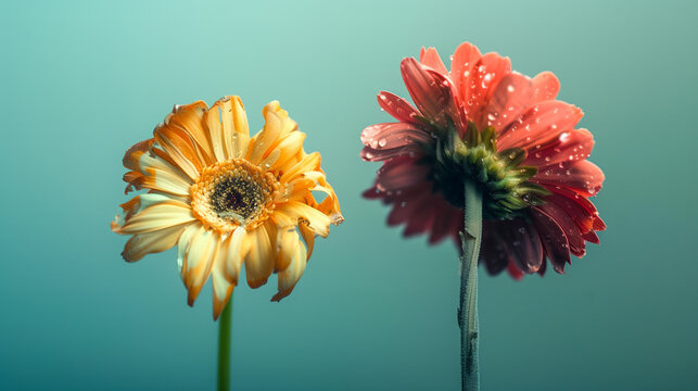 Beautiful two gerbera flowers on a turquoise background. Colorful daisies with drops of water in a closeup shot, Minimal concept. Copy space for text or design