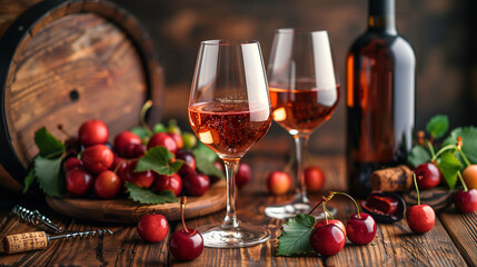 Two glasses of rose wine with cherries on a wooden table, wine bottle and barrel in the background.