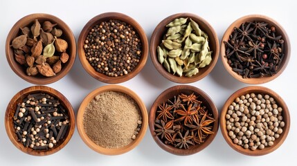 Variety of spices in wooden bowls on white
