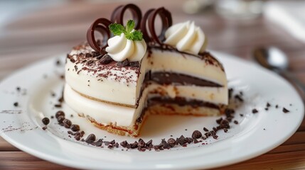 Vanilla Mousse Cake with Chocolate Spiral and White Icing, a Slice of Sweet Heaven on a Plate