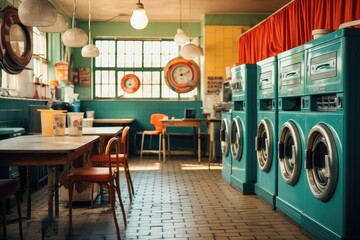 View inside a laundromat room with vintage decor and washing machines.