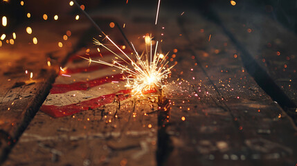 Glowing Sparkler with Rustic Wooden Flag of United States, Patriotic Celebration Concept, Generative AI

