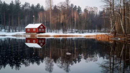 The Tranquil Beauty of a Red Cabin Reflected in the Still Waters of a Winter Forest