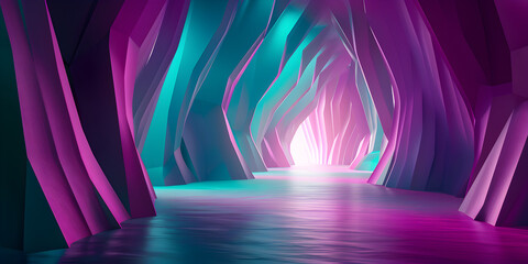 Cave with a waterfall in the middle of it ,A purple cave with a blue light and a river in the middle,A cave with a blue light that is lit up with a blue light.

 - obrazy, fototapety, plakaty